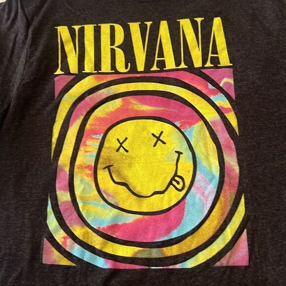 Nirvana womens szL black w/multi colored screen print short sleeve T-shirt EUC - Picture 4 of 6